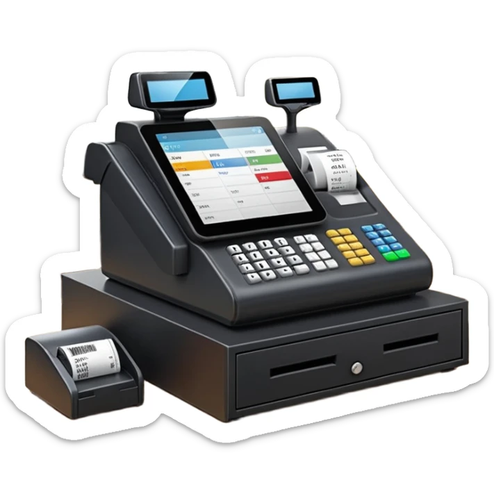 Modern shop cash register on a retail counter, ultra-realistic, 4K, photorealistic POS touchscreen, receipt printing, barcode scanner and card terminal, soft indoor lighting, realistic reflections and shadows, sharp focus, cinematic depth of field, professional photography. sticker