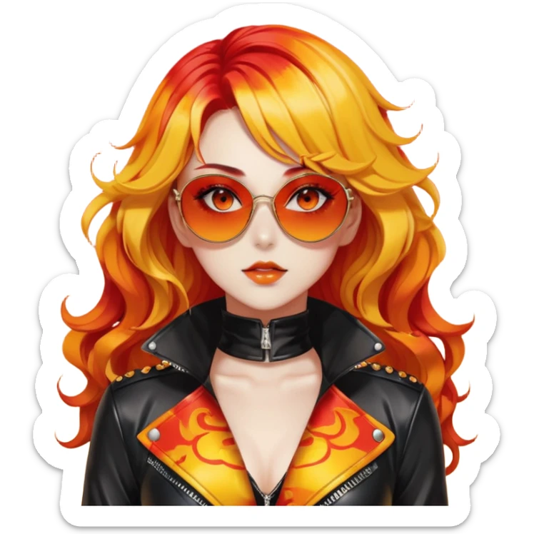 Beautiful gorgeous anime lady with beautiful fiery fiery-warm-red-orange-yellow-gradient-wavy-special-hair, fashion aesthetic, black sunglasses, accessories, gold jewelries, red-and-yellow sunny-pattern-eyes, black latex-suit, biker-woman, cool, badass sticker