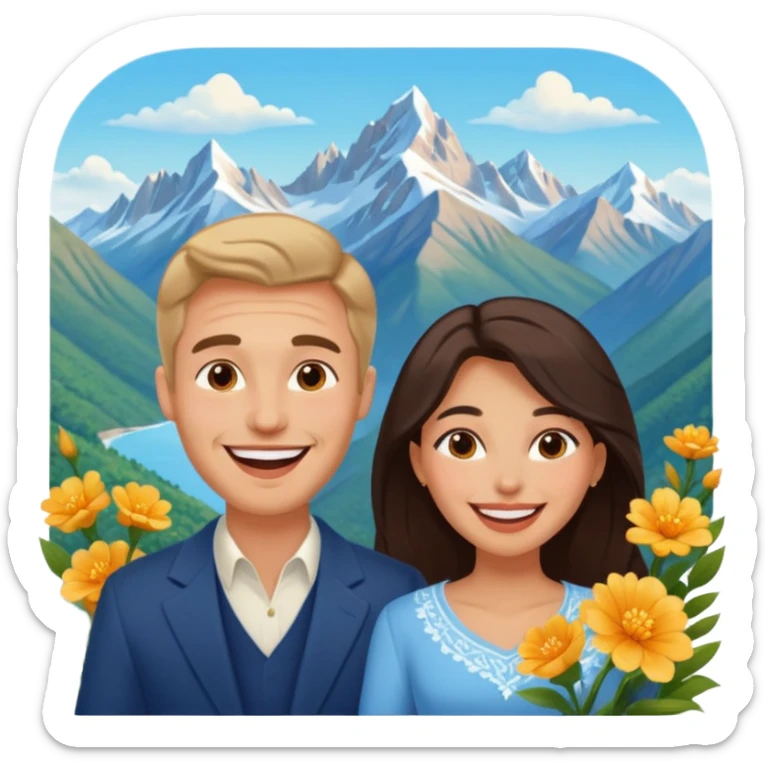 Couple  laughing traveling russian man and elegant  Latina girl delicate flowers and mountains in the background  sticker