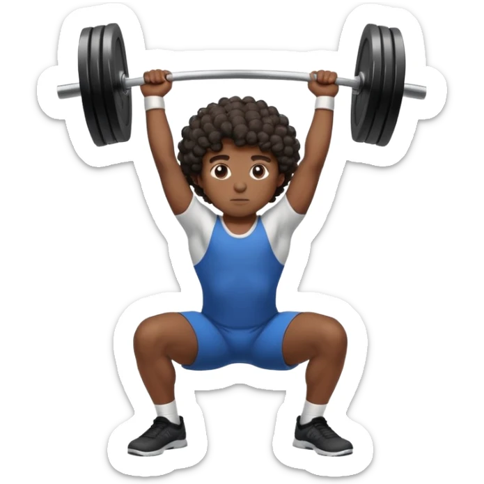 A boy with dark skin, curly hair is doing an overhead squat with a lot of weight on the barbell sticker