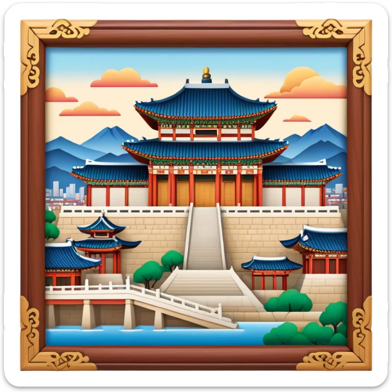 Cinematic Realistic Gyeongbokgung Palace Landmark Emoji, rendered with traditional Korean architecture, ornate wooden carvings, and vibrant colors, set against the backdrop of modern Seoul with soft evening light. sticker