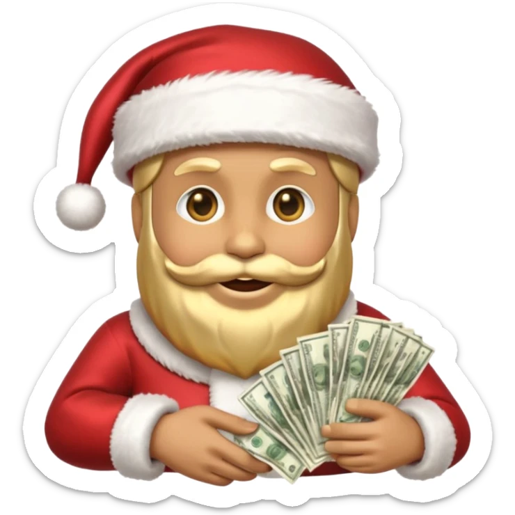 A confident rich emoji face wearing a Santa hat, money stacks, casino vibe, New Year theme, premium 3D emoji style, sharp details, no text, isolated on transparent background sticker