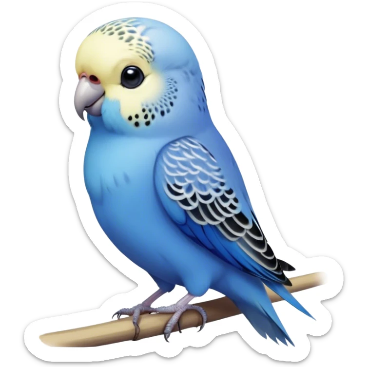 Cinematic Noble Blue Budgie Portrait Emoji, Poised and regal, with a petite, delicate build and a smooth, well-groomed fur of vibrant blue feathers, deep-set soulful dark eyes, Simplified yet sharp and sophisticated features, highly detailed, glowing with a soft, dignified glow, high shine, intelligent and charming, stylized with an air of elegance, focused and attentive, soft glowing outline, capturing the essence of a watchful and confident avian companion, so majestic it feels as though it could flutter out of the screen with effortless authority! sticker
