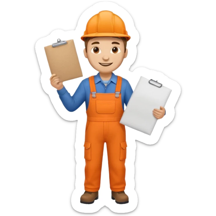 railway engineer full body in orange overalls, carrying a piece of paper in front of him sticker