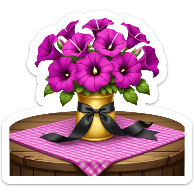 A lush bouquet of bright light margenta color petunia black satin ribbon, resting on an antique wooden table, with a pale yellow and pink plaid pattern table cloth sticker