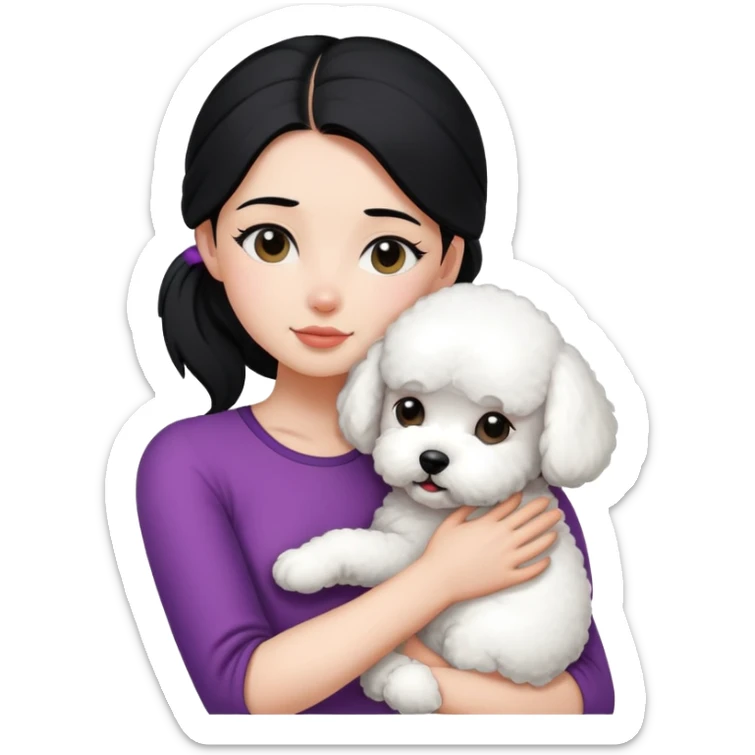 One long face girl with straight black hair in a ponytail，hugging one Bichon frise sticker