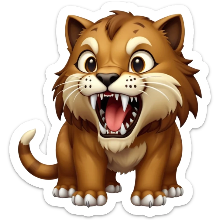 saber-toothed cat with a tiny body and gigantic canine teeth that are ten times larger than its minuscule body, extreme contrast between small body and huge fangs sticker