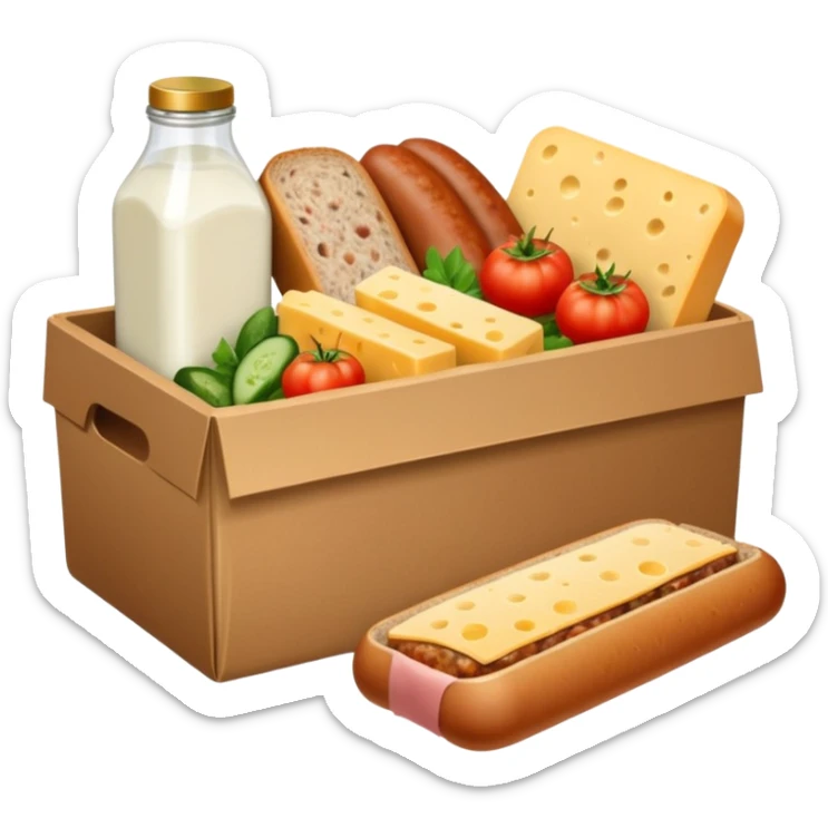 a box of groceries, sausage, cheese, canned meat, herbs, milk, tomatoes, cucumbers, and a loaf of bread sticker