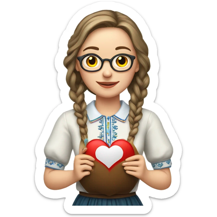 A Ukrainian teacher in an embroidered shirt holds a heart in her hands sticker