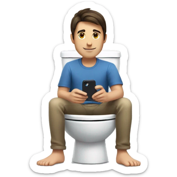 Brunette man sitting on the toilet holding an iPhone with a Pokémon next to him sticker