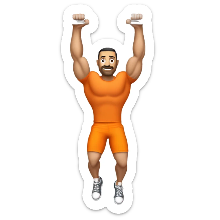 Muscular , bold , Caucasian man in orange t-shirt , black shorts and orange sneakers hanging with only right hand on pull-up bar sticker