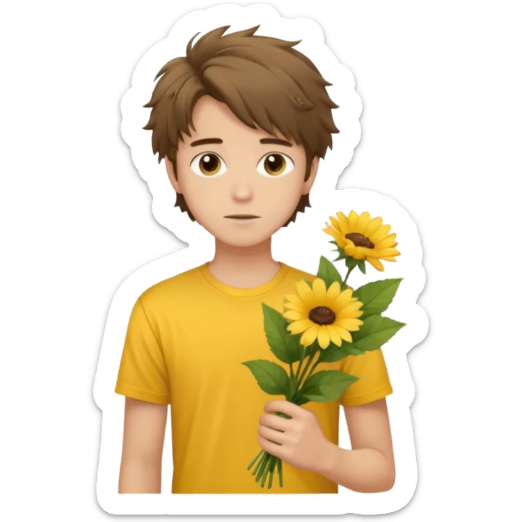 generate an ios genmoji of a 20 year old fair boy with brown long and messy hair with faint stubble. should look like he cant grow a mustache., carrying a flower bouquet, wearing a yellow tshirt, looking shy sticker