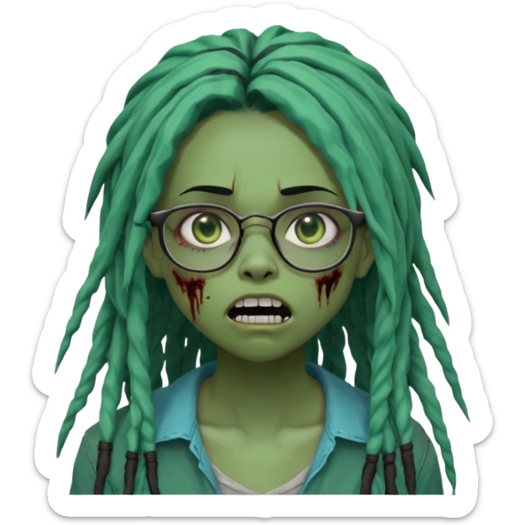One teen female green-skinned, zombie super pretty with glasses, with ombre black roots & teal tips long dreadlocks and a side bang of her locs that fall over the right eye and a worried expression like with the mouth open, teeth showing, and the jaw uneven. with a small wound near its mouth. sticker
