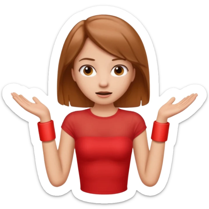 A girl with light brown hair in a red tube top shrugging sticker