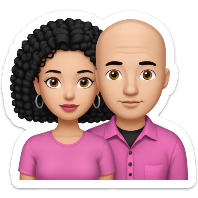 A picture if a couple. the man is a Mexican man with  black hair, a bald hair cut and black shirt on. the woman is mixed with black and white, with curly shoulder length hair and a pink shirt on sticker