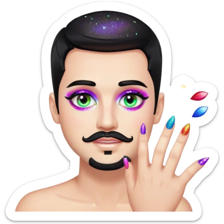 White man with black short hair and black goatee, very gay very glitter very rainbow add nail polish and makeup and lashes sticker