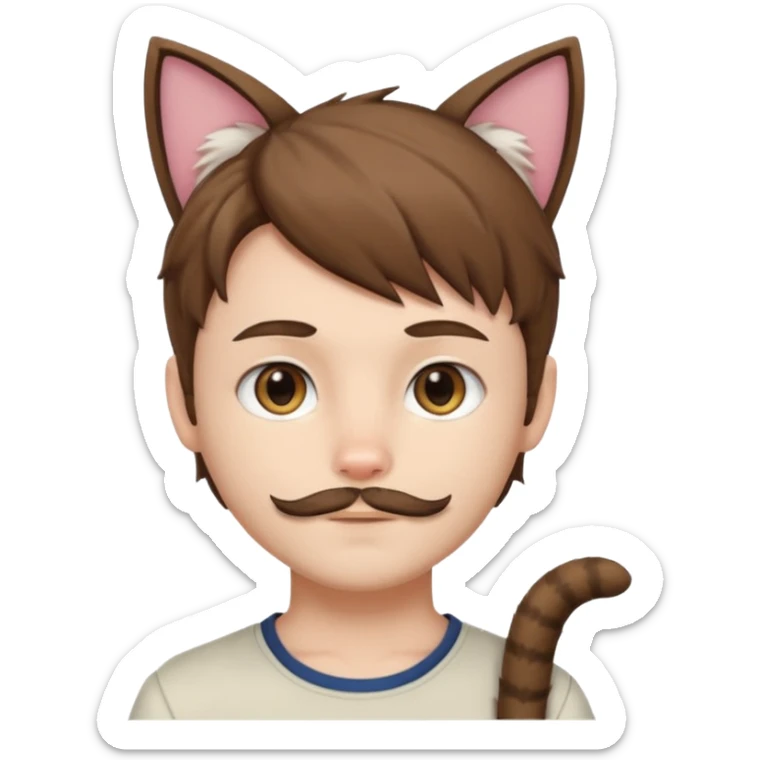 white boy with cat tail with little facial hair and cat ears with brown hair and anime features sticker