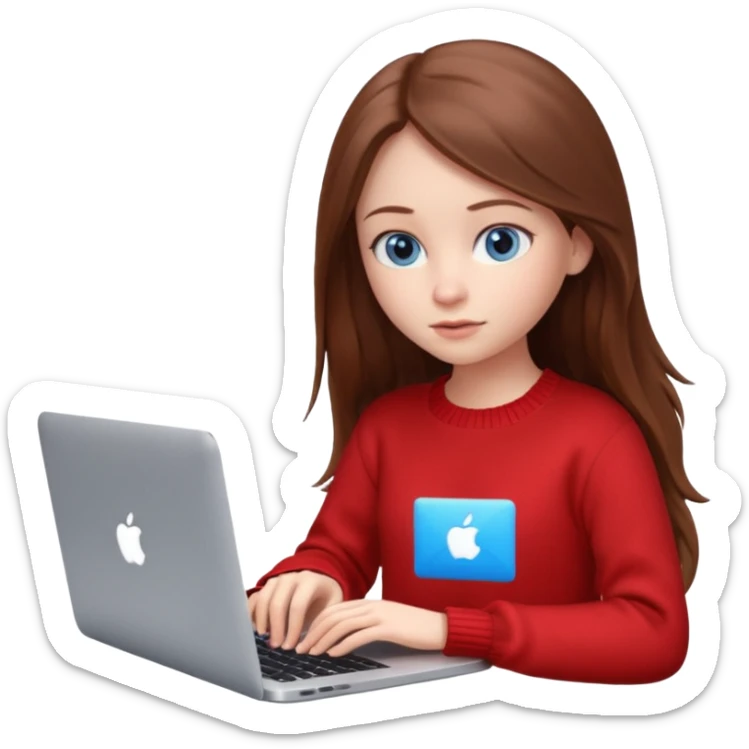 Emoji of a cute 3D girl with long brown hair and blue eyes, wearing a red sweater, focused working on a MacBook laptop, white background sticker