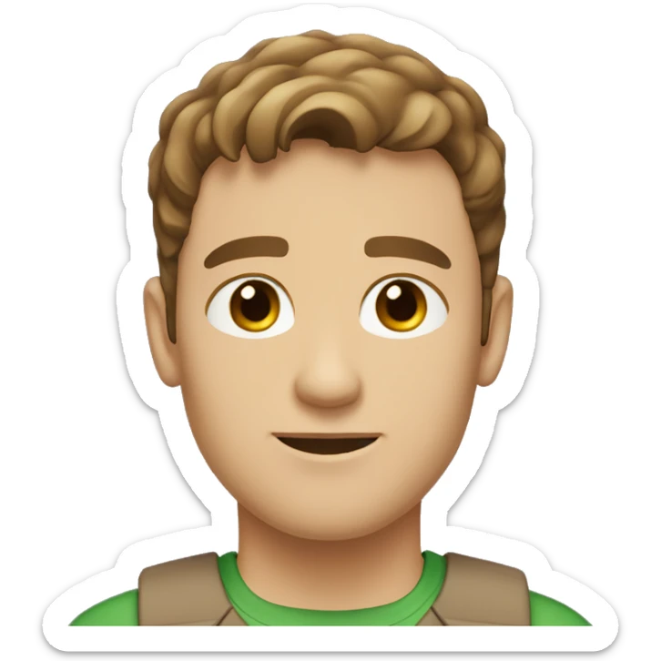 white, brown sort of tan guy, brown short ish hair which is sort of thin, green brown eyes, blue shirt with black vest  sticker