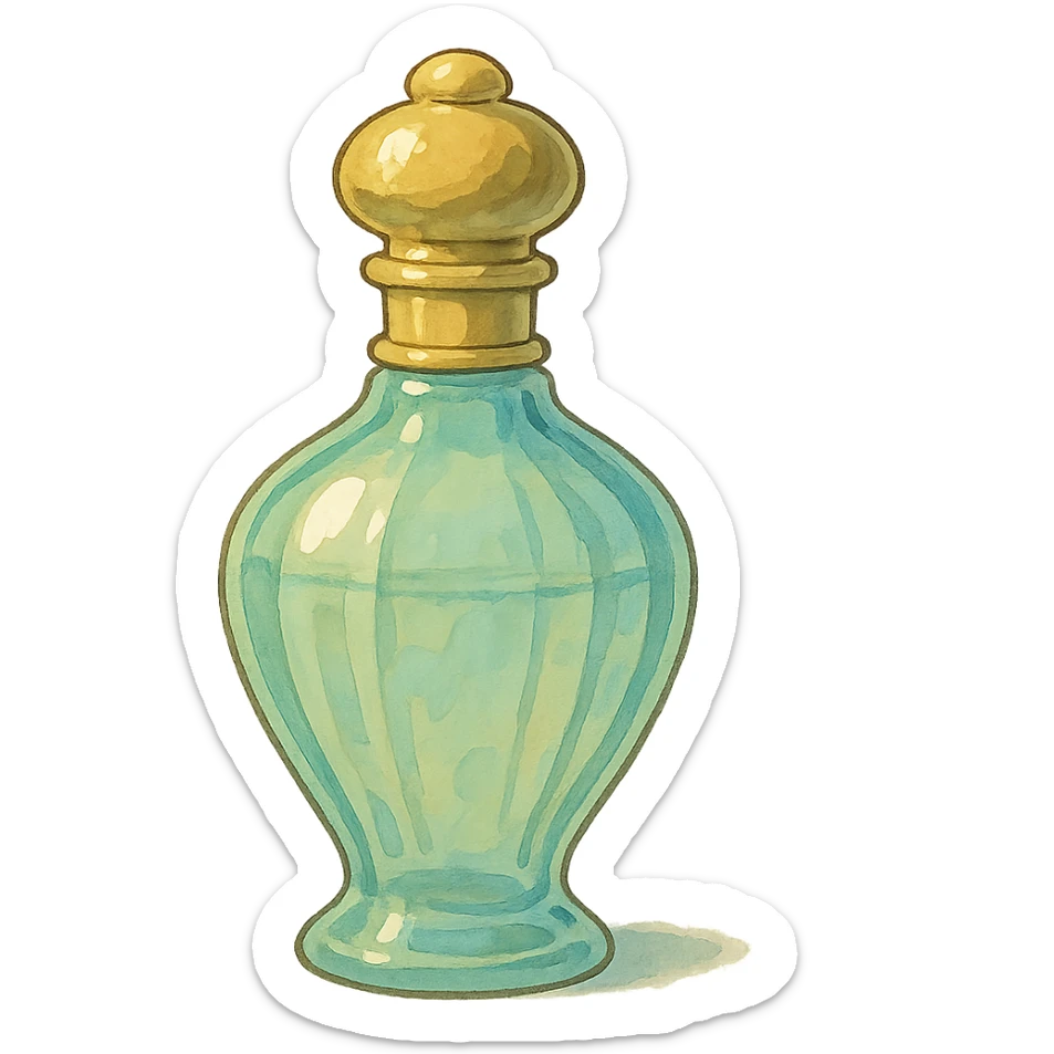 elegant glass perfume bottle with gold cap, soft pastel colors, ghibli style sticker