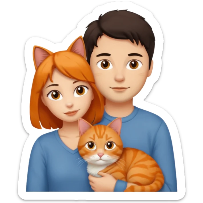 man and woman with dark hair, orange cat on man's shoulder sticker