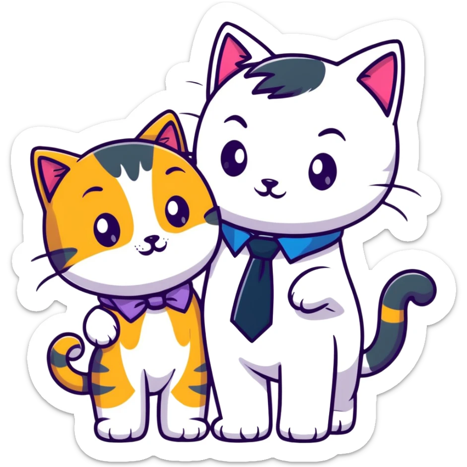 happy girl cat with eyelashes wearing a colorful necktie and happy boy cat wearing a professional necktie standing together and holding paws, both with loving expressions sticker