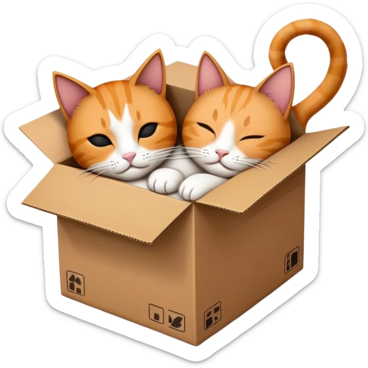 cute, cartoon emoji style for me with a transparent background of a cardboard box with two cats in it: one cat is alive, and one cat is asleep to symbolise schrodinger's cat sticker