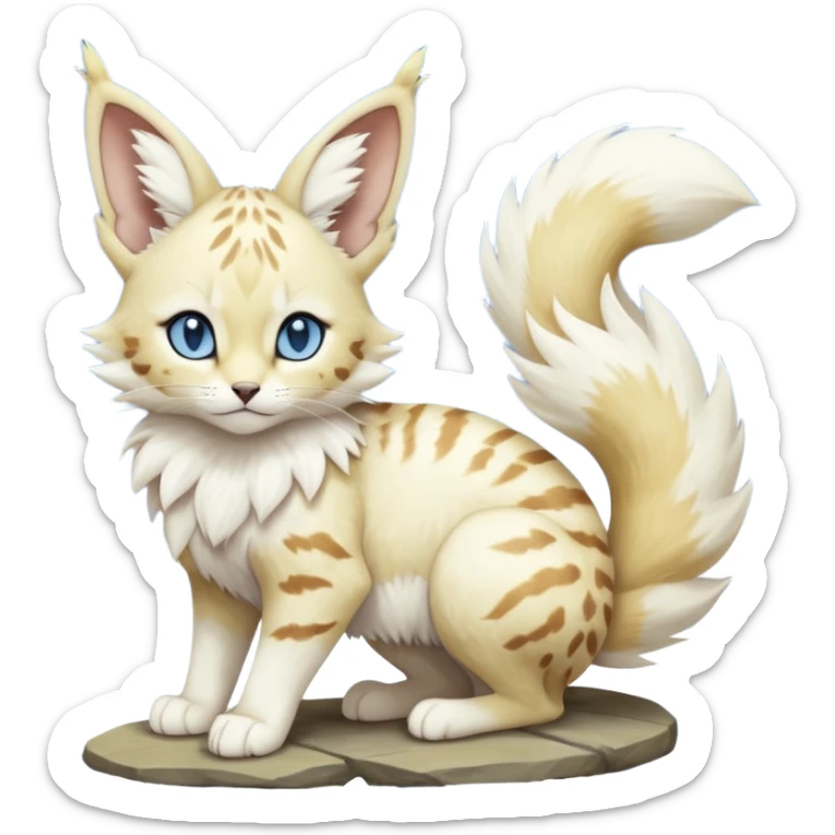 Albino-pure-snow-white, blue-eyed soft natural realistic romantic vintage antique divine beautiful elegant pretty precious cute young youthful  Fakémon-Pokémon-feline-Zeraora-Jolteon-serval-caracal-chinchilla-Minccino-Cinccino-Meowstic-rodent-hybrid-creature with a big fluffy bushy tail (full body) sticker