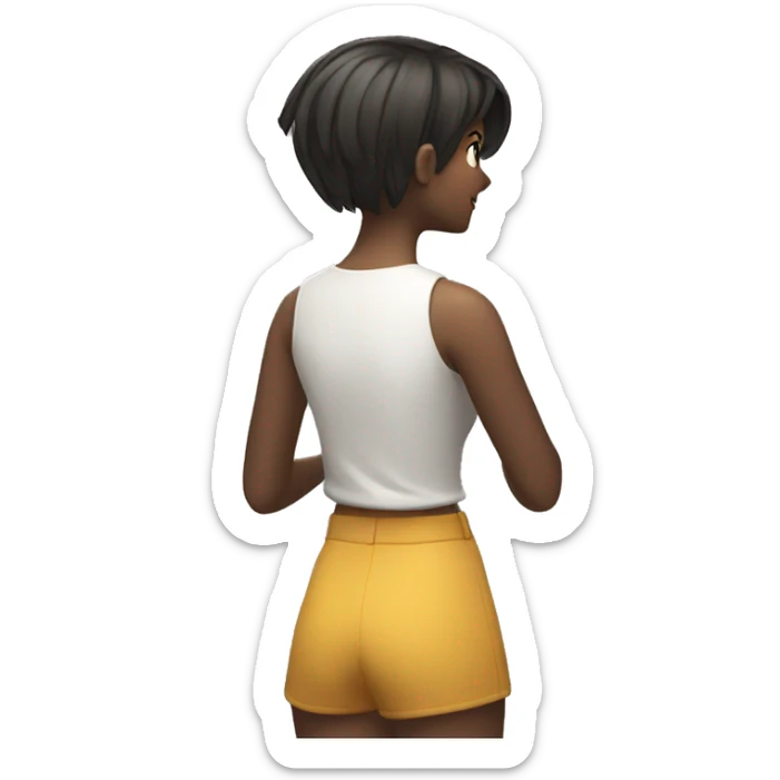 a girl with short hair winning a VR game facing the wall and showing her back sticker