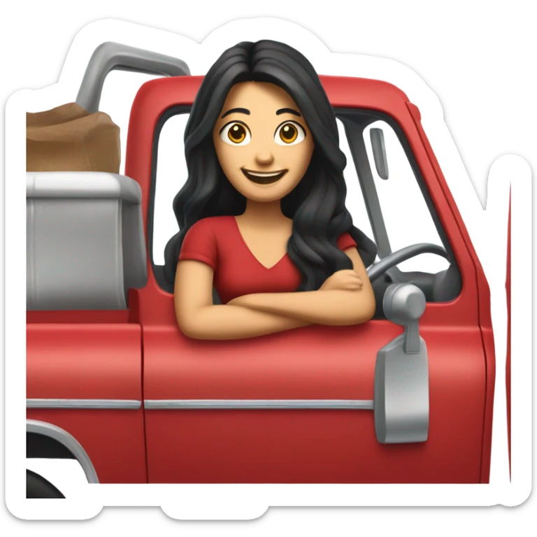 Life-like red pick up truck smiling lady with long black hair driving  sticker