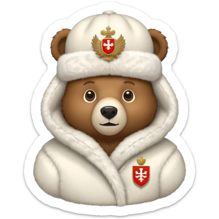Cute brown bear in white fur ushanka hat with centered Russian coat of arms, front view, iOS emoji style sticker