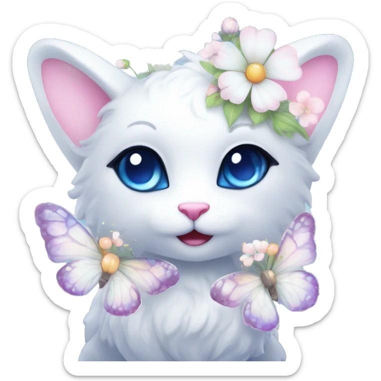Edgy Cute Cool Kawaii gorgeous sparkly ethereal white fantasy animal with blue eyes sona with flowers and butterflies sticker