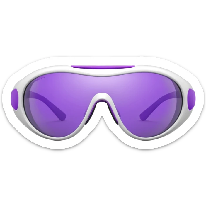 3D render of futuristic sports sunglasses, oval purple tinted lenses, white glossy frame, large gray ventilated nose guard, detailed reflections, realistic materials, high detail, isolated on transparent background, 4K resolution sticker