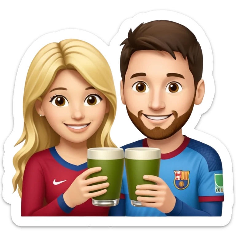 emoji-style illustration of Lionel Messi and Shakira smiling at each other, both holding traditional yerba mate cups, about to make a cheerful toast, friendly, happy, expressive cartoon faces, bright colors, fun vibe sticker
