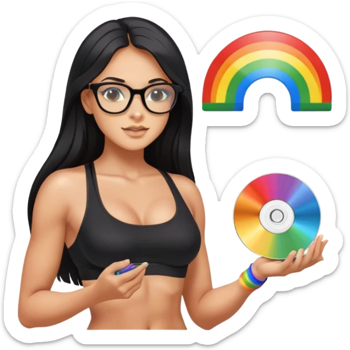 wearing glasses, long black hair tanned woman, black sports bra, sexy, hot, data analysis, holding a rainbow cd   sticker