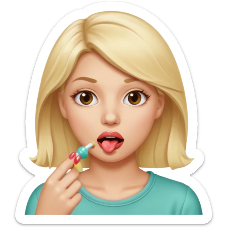 Elle fais une peu petasse, elle se mord le coin de la lèvres. Elle est blonde. Ongles vernis marrons. Elle mâche un chewing-gum  sticker