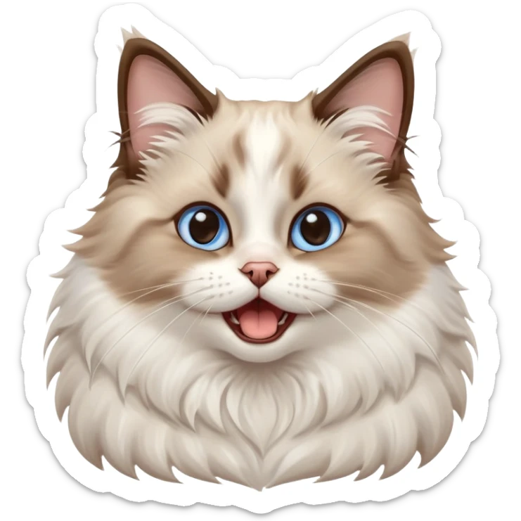 cinematic-adorable-big-eyed-fluffy-brown and white ragdoll-cat-portrait-emoji,-head-tilted-playfully-with-a-cute,-yawn,-soft-brown-and white-colored-fur-with-darker-points-on-the-ears,-simplified-yet-irresistibly-cute-features, sparkling blue eyes sticker