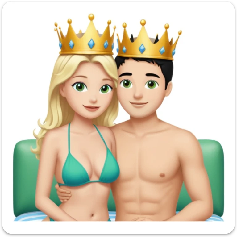 Blonde Queen with crown Green eyes in Bikini kissing Male subject without crown black hair blue eyes Background living room  sticker