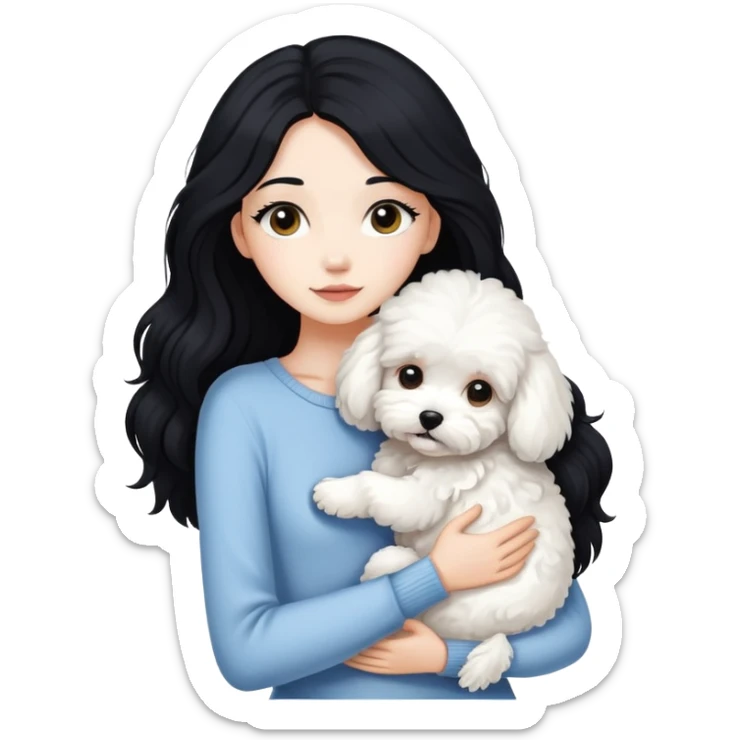 Beautiful skinny woman long black hair hug maltipoo sticker