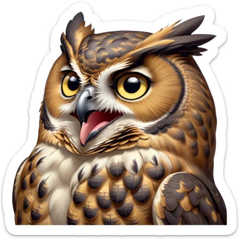 Cinematic Cute Yawning Great Horned Owl Portrait Emoji, Head tilted slightly with a dramatic, wide-open yawn, showcasing a soft, downy mottled plumage with gently drooping feathers, round golden eyes barely open in drowsy contentment, Simplified yet irresistibly adorable features, highly detailed, glowing with a soft, cozy glow, high shine, relaxed yet expressive, stylized with a touch of nocturnal whimsy, bright and endearing, soft glowing outline, capturing the essence of a sleepy yet affectionate owl, so drowsy it feels like it could glide out of the screen and curl up for a nap! sticker