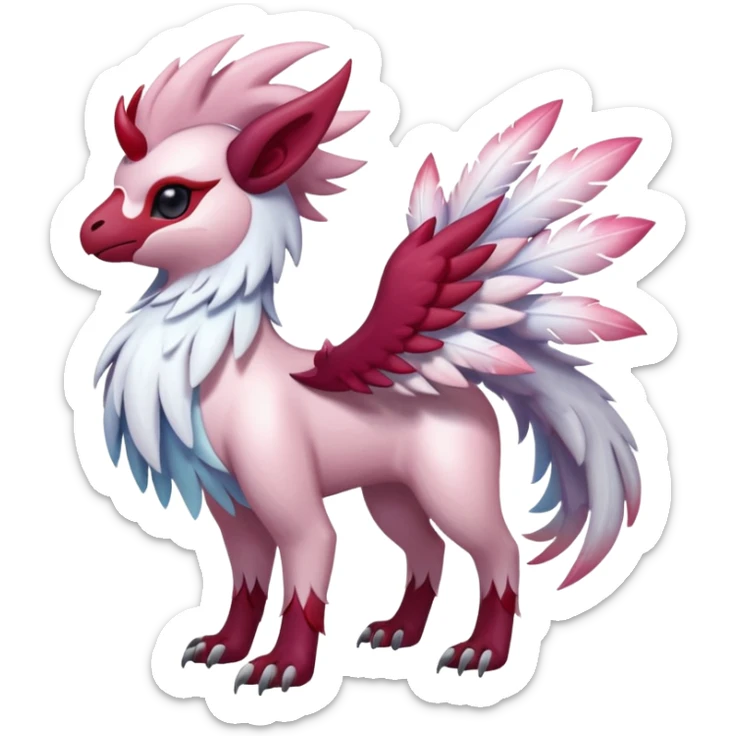 Floral feathery pastel pink and ruby-adorned Absol-Amaura-fusion-Fakemon-animal-creature  sticker