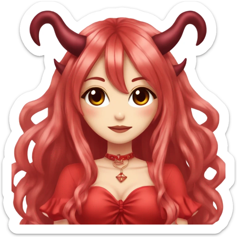 hime gyaru girl, devil horns, red long hair, red dress sticker