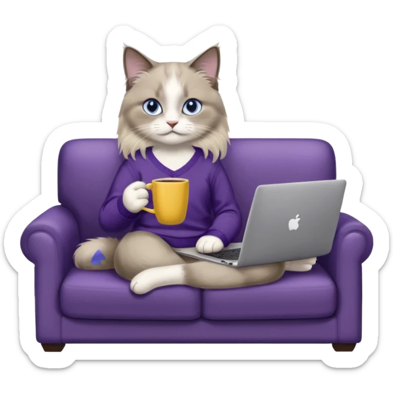 a cute blue eyed brown and white ragdoll cat with white paws and brown and beige tail wearing the dark violet sweater with yellow letteting "Milena" sitting on the grey sofa with grey laptop Lenovo and drinking coffee sticker
