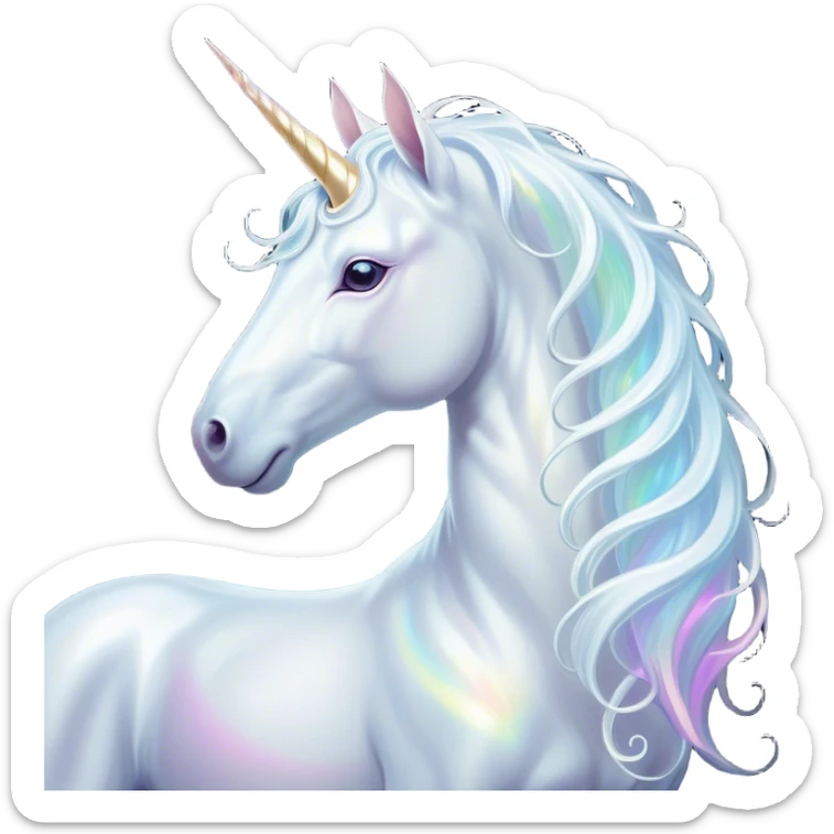 Cinematic Noble White Unicorn Portrait Emoji, Poised and regal, with a slender, ethereal form draped in a pristine white color, a flowing mane and tail, and a glistening, spiraled horn that radiates pure light, Simplified yet sharp and sophisticated features, highly detailed, glowing with a soft, iridescent luminescence, high shine, intelligent and transcendent, stylized with an air of mythical enchantment, focused and serene, soft glowing outline, capturing the essence of a watchful and confident white unicorn that appears ready to prance out of the screen with magical grace! sticker