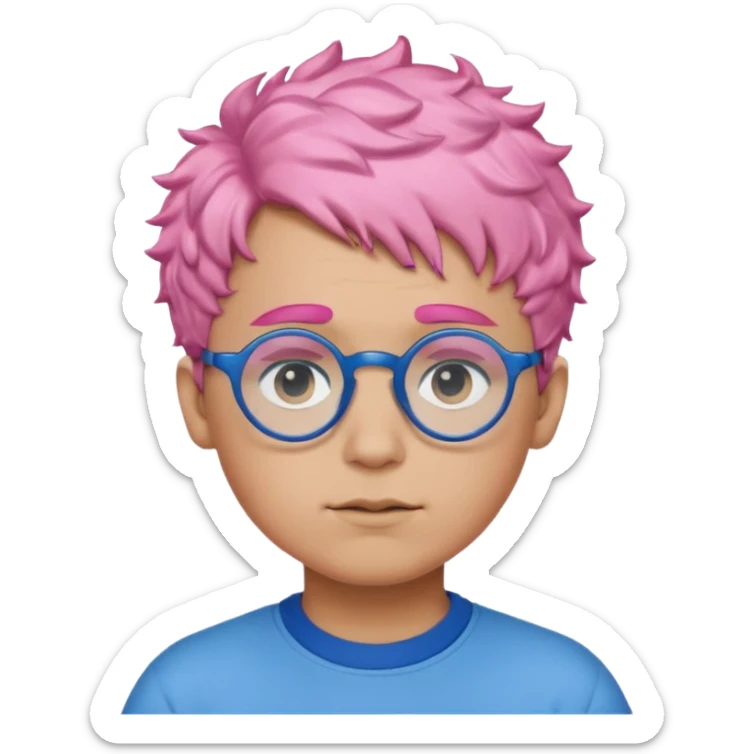 boy with short, curly pink hair, matching blue eyebrows, light brown skin, round black glasses, and a neutral facial expression. sticker
