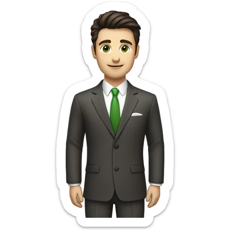 man with the following characteristics: Short, dark brown hair with a minimal quiff, green eyes, Friendly and approachable expression. He dress a suit sticker
