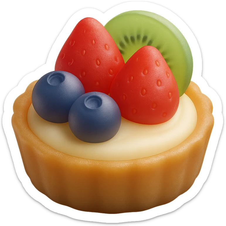 3D matte fruit tart with golden crust, creamy custard, topped with fresh strawberries, blueberries, and kiwi slices, soft matte finish sticker