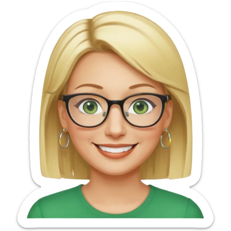 femme 40 ans lunettes carrécheveux très courts blonde anneaux oreilles yeux verts sticker