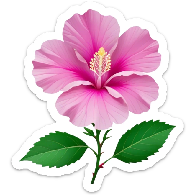 Cinematic Realistic image of a Mugunghwa flower (Rose of Sharon), rendered with delicate petal textures and vibrant pink hues, set against a minimalist background with gentle, diffused lighting that highlights its national significance sticker