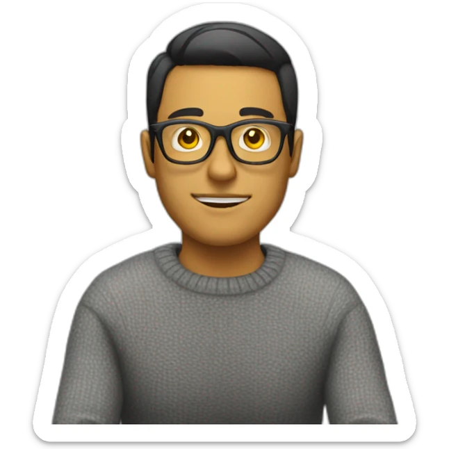 White man with yellow tinted glasses and black hair in a gray jumper and sitting on a chair sticker